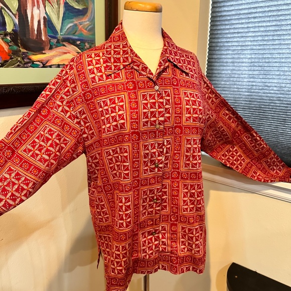 Vtg. 80's GAP Airy Cotton Voile Long Sleeved Red Print Blouse - sz S - Picture 3 of 9